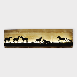 Bild beleuchtet 92 cm mit Silhouette Pferde auf Holz