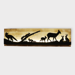 Bild beleuchtet 92 cm mit Silhouette Waldtiere auf Holz
