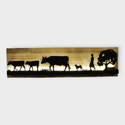 Bild beleuchtet 92 cm mit Silhouette Alpabzug / Alpaufzug Schlussteil auf Holz