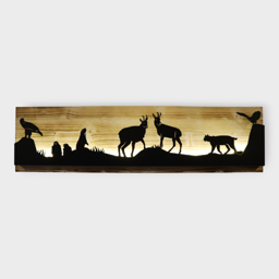 Bild beleuchtet 92 cm mit Silhouette Alpentiere auf Holz