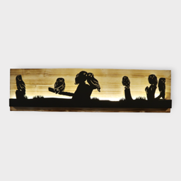 Bild beleuchtet 92 cm mit Silhouette Eulen auf Holz