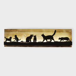 Bild beleuchtet 92 cm mit Silhouette Katzen auf Holz