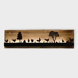 Bild beleuchtet 92 cm mit Silhouette Hühner auf Holz