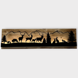 Bild beleuchtet 92 cm mit Silhouette Hirsch Reh Wald auf Holz