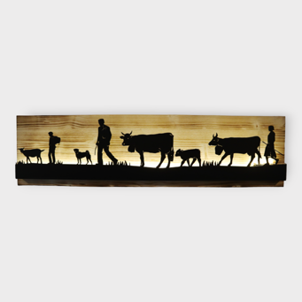 Bild beleuchtet 92 cm mit Silhouette Alpabzug / Alpaufzug auf Holz