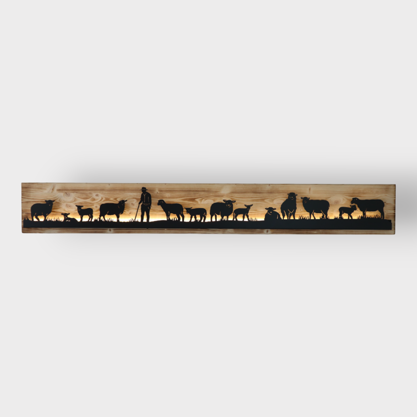 Bild beleuchtet 185cm mit Silhouette Schafe auf Holz