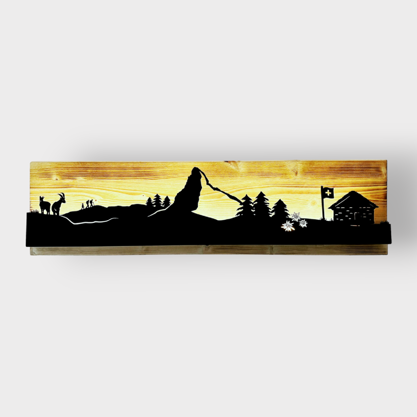 Bild beleuchtet 92 cm mit Silhouette Matterhorn Steinhaus auf Holz