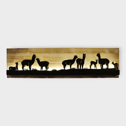 Bild beleuchtet 92 cm mit Silhouette Alpakas auf Holz