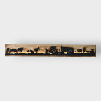 Bild beleuchtet 185cm mit Silhouette Pferde Traktor und Kühe auf Holz