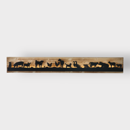 Bild beleuchtet 185cm mit Silhouette Bauernhoftiere auf Holz