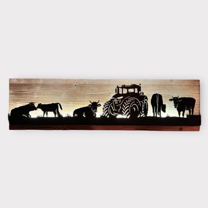 Bild beleuchtet 92 cm mit Silhouette Fendt Traktor und Kühen auf Holz