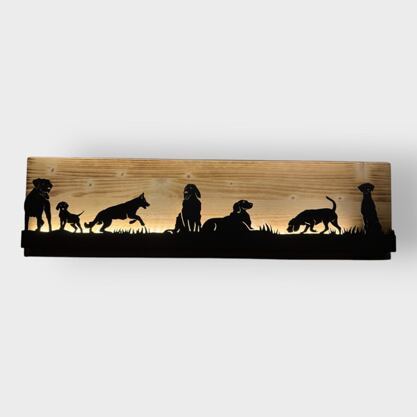 Bild beleuchtet 92 cm mit Silhouette Hunde auf Holz