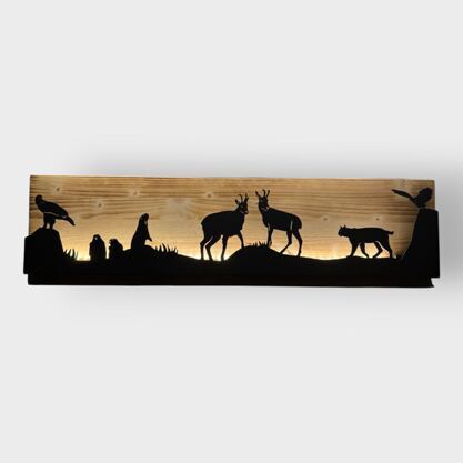 Bild beleuchtet 92 cm mit Silhouette Alpentiere auf Holz